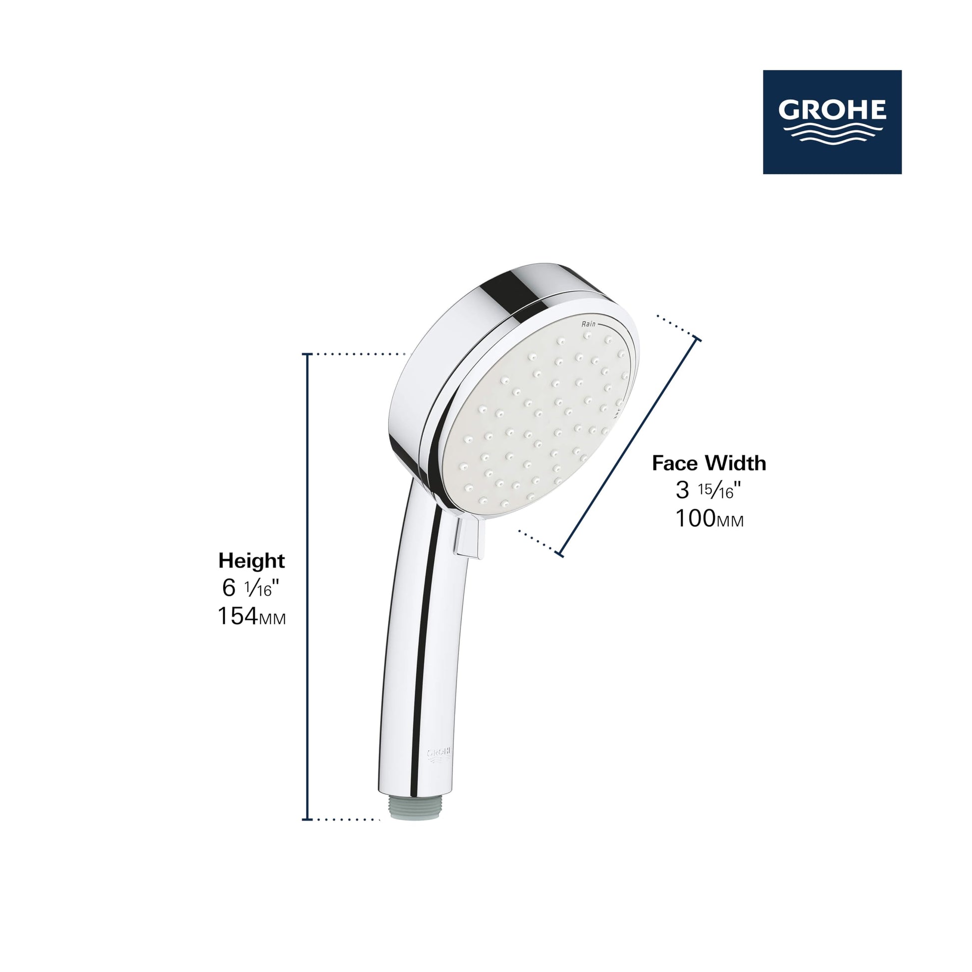 Chrome handheld shower head with perforated face, circular design, and angled handle with dimensions labeled.