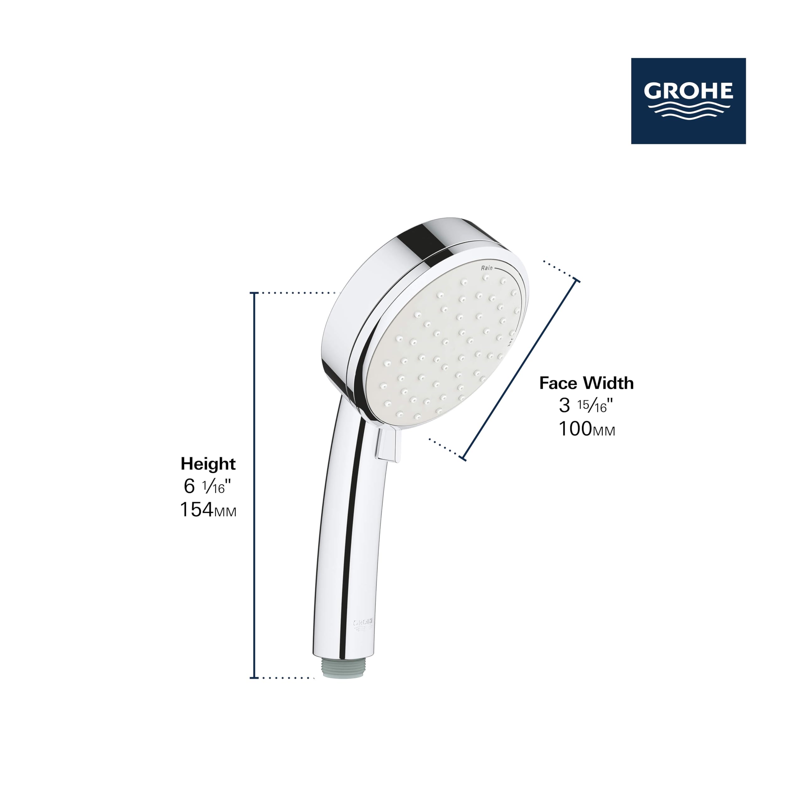 Chrome handheld shower head with perforated face, circular design, and angled handle with dimensions labeled.