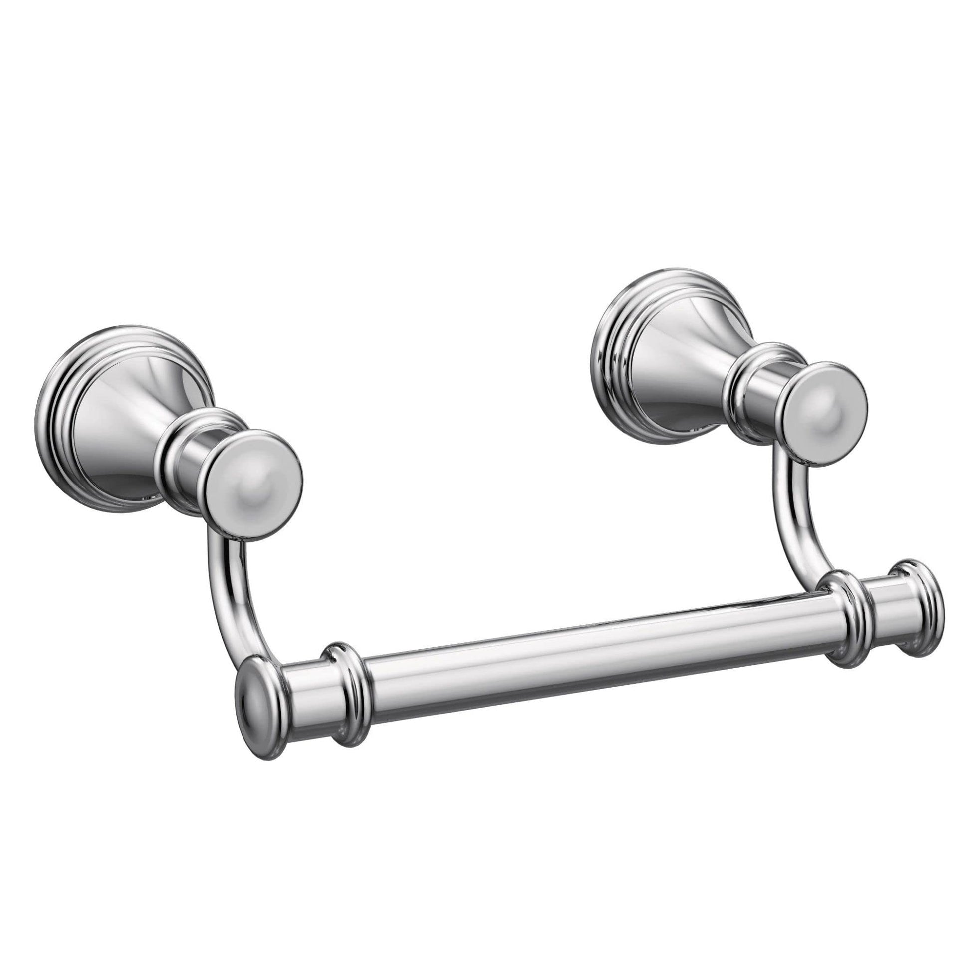 Chrome toilet paper holder with two round wall mounts connected by a horizontal rod.
