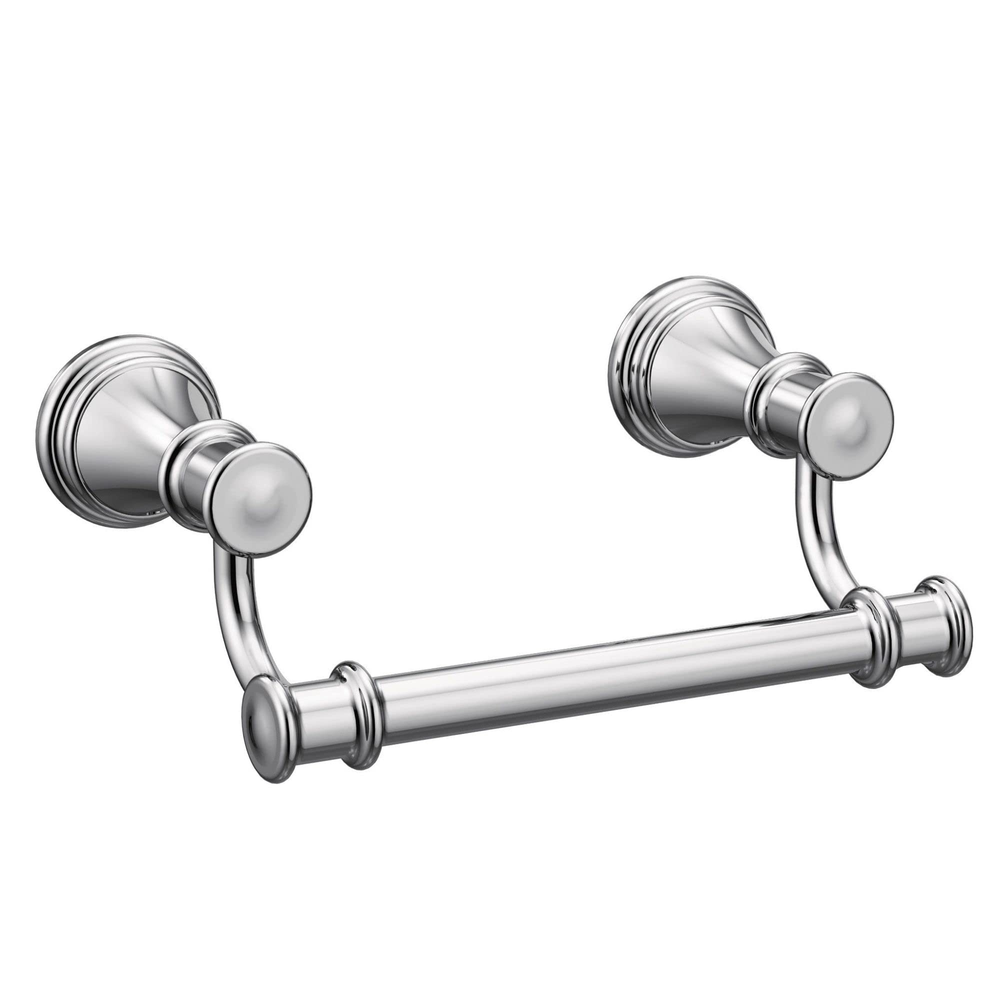 Chrome toilet paper holder with two round wall mounts connected by a horizontal rod.