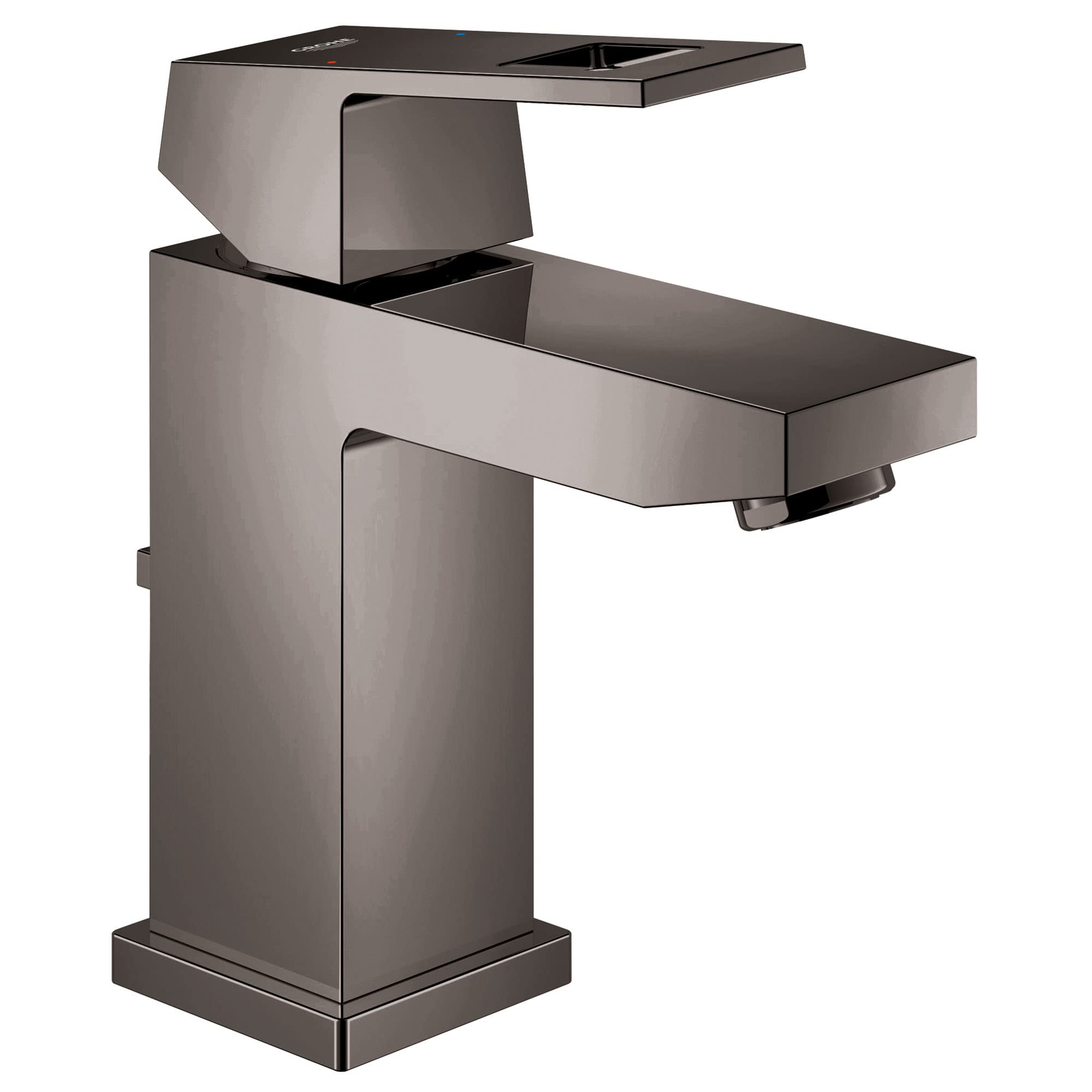 Hard graphite single-handle bathroom faucet with angular spout and matching waterfall-style aerator deck plate.