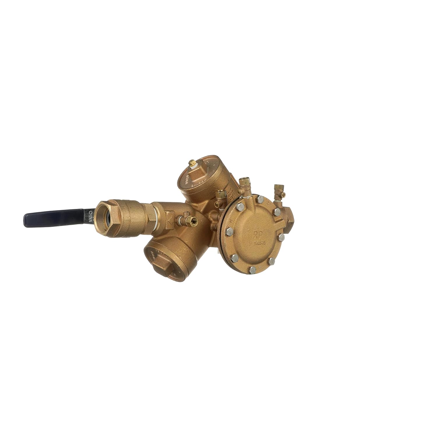 Bronze backflow preventer valve with threaded inlet on left, outlet ports below, and black handle lever on side.