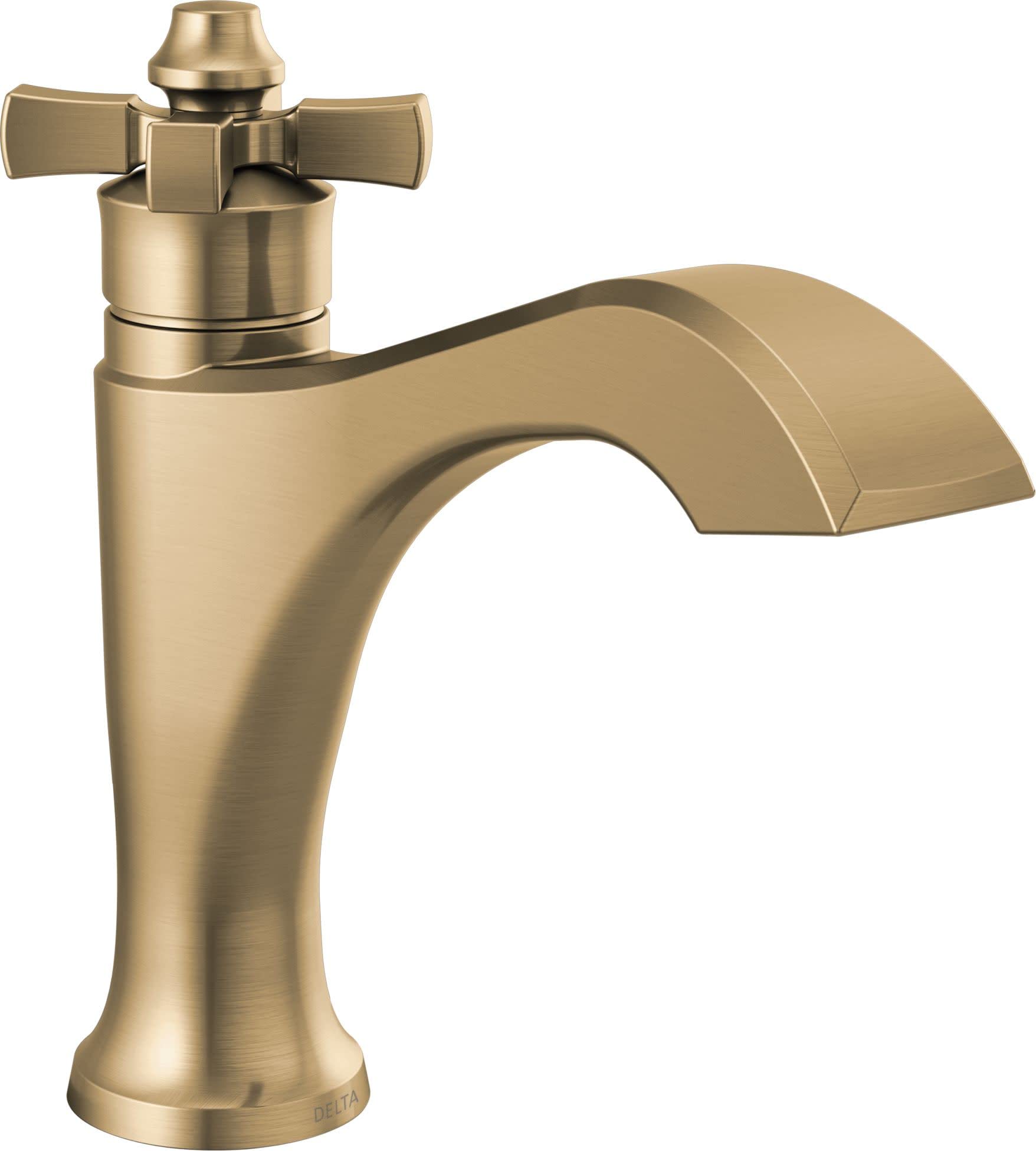 Champagne bronze single-handle bathroom faucet with cross handles, curved spout, and pop-up drain assembly.