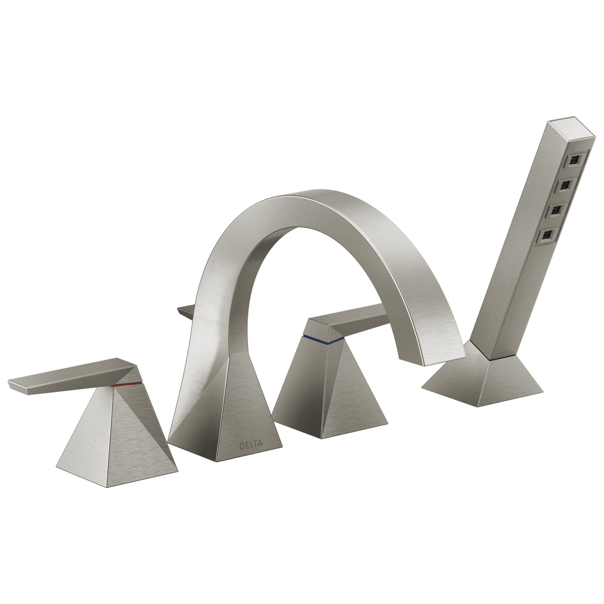 Chrome two-handle arc roman tub trim with curved spout and hand shower spray wand on right.