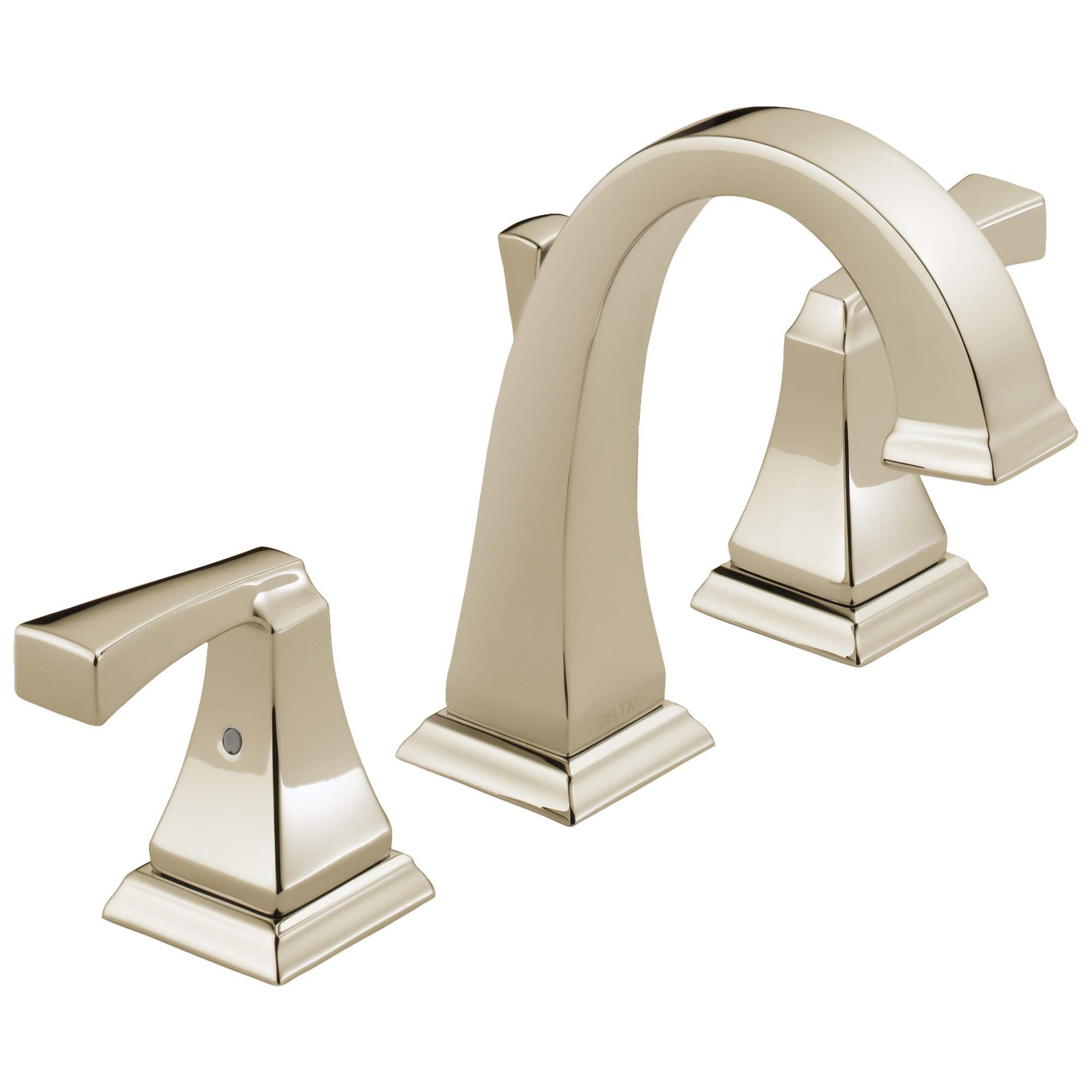 Brushed nickel widespread bathroom faucet with two square handles, arched spout, and matching pop-up drain assembly.