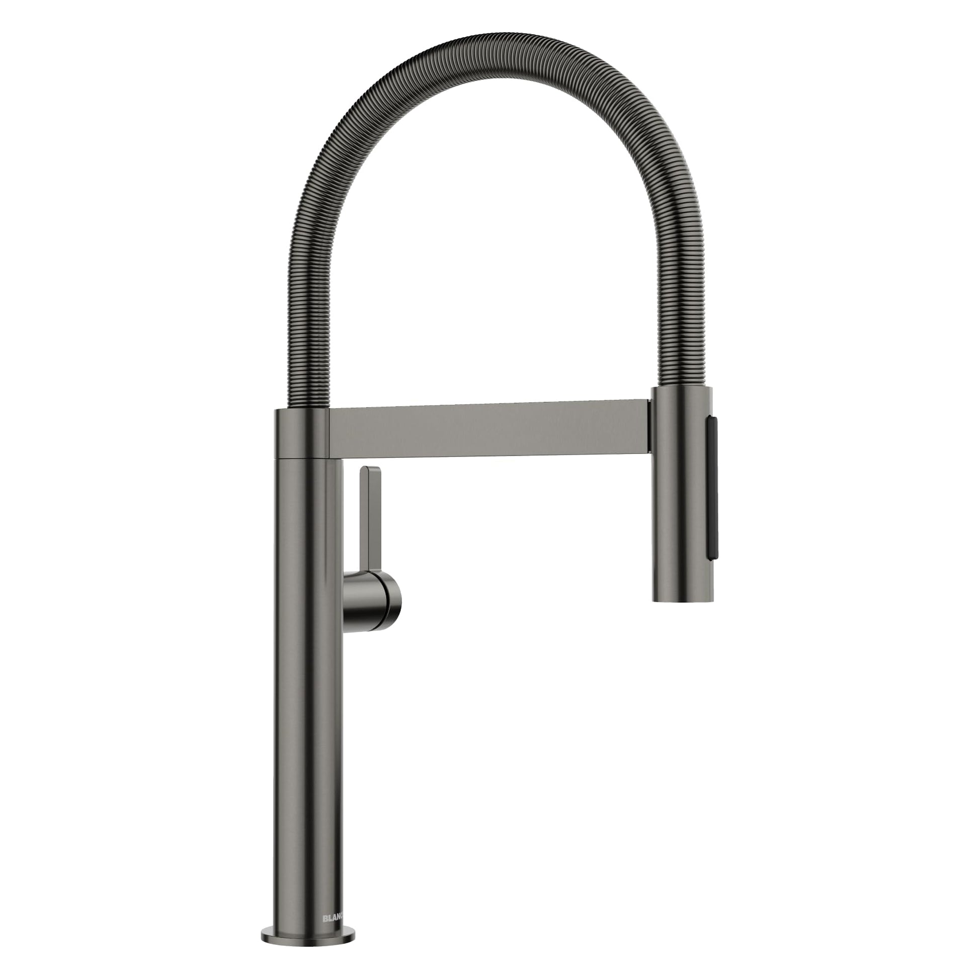 Satin dark steel kitchen faucet with tall square body, arched sprayer hose, and side lever control.
