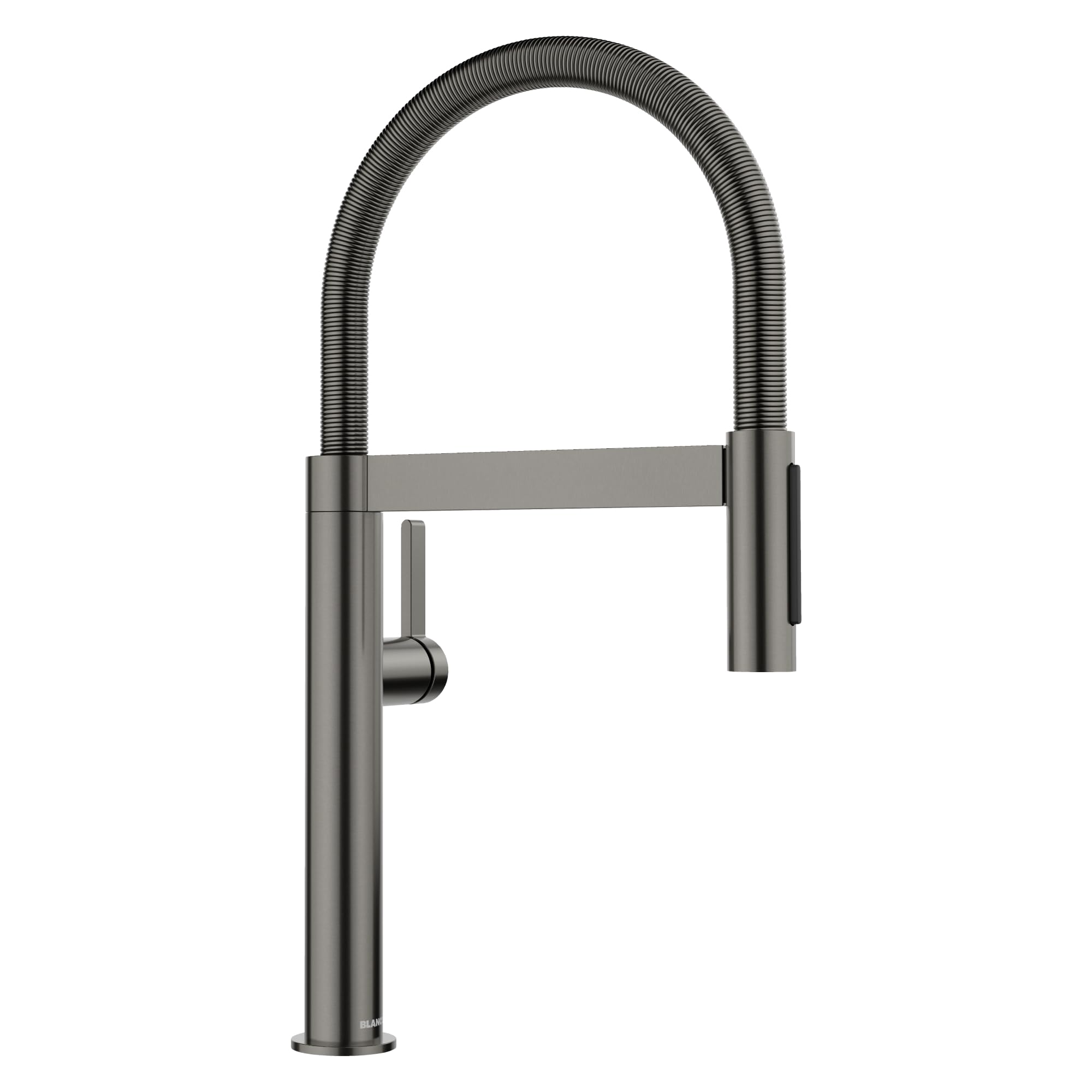 Satin dark steel kitchen faucet with tall square body, arched sprayer hose, and side lever control.