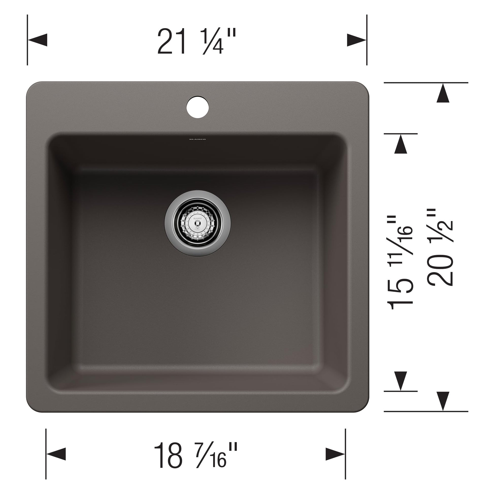 Volcano gray single bowl kitchen sink with drain, 21 1/4" width and 20 1/2" depth, top view with dimensions.