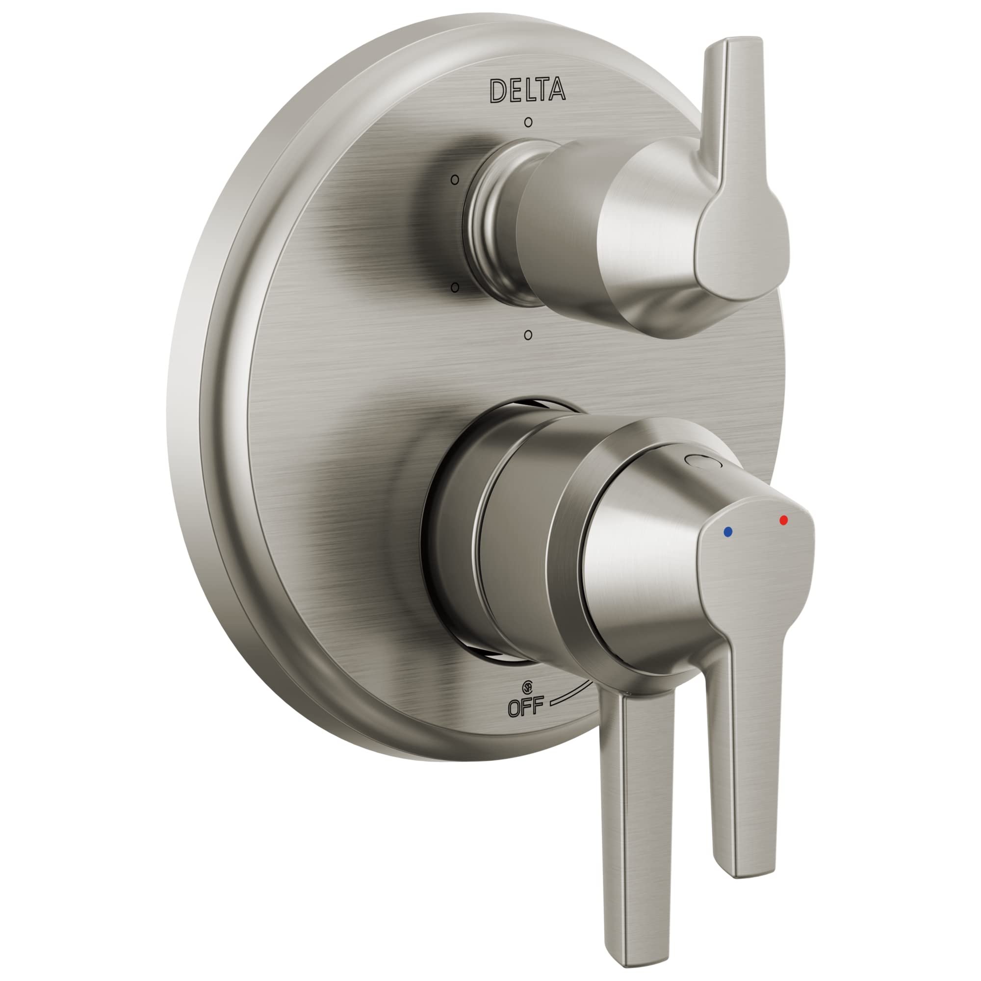 Delta Galeon 17 Series brushed nickel integrated diverter trim with dual lever handles and temperature indicator dots.