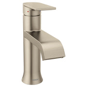 Brushed nickel single-handle bathroom faucet with curved spout and flat lever handle.