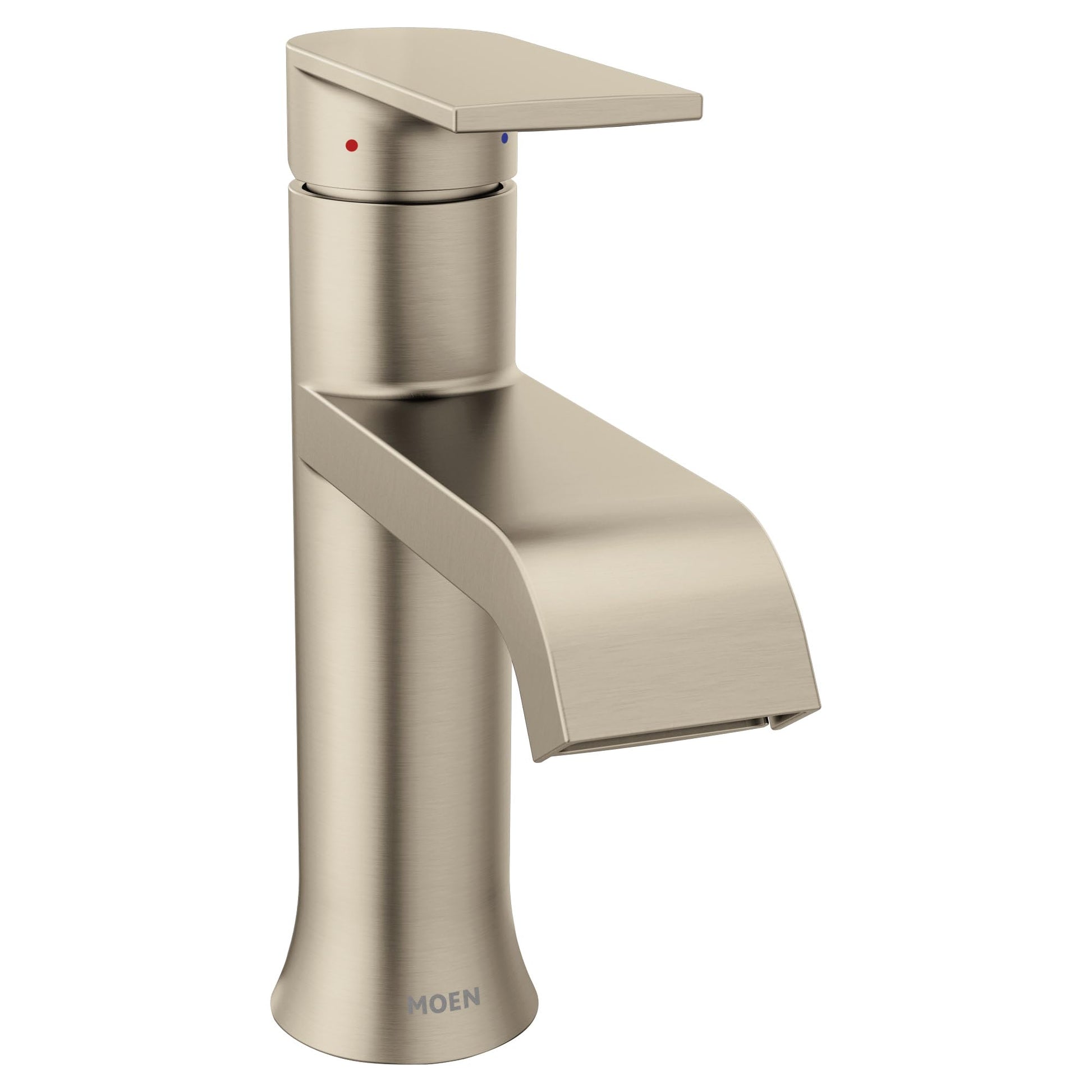 Brushed nickel single-handle bathroom faucet with curved spout and flat lever handle.