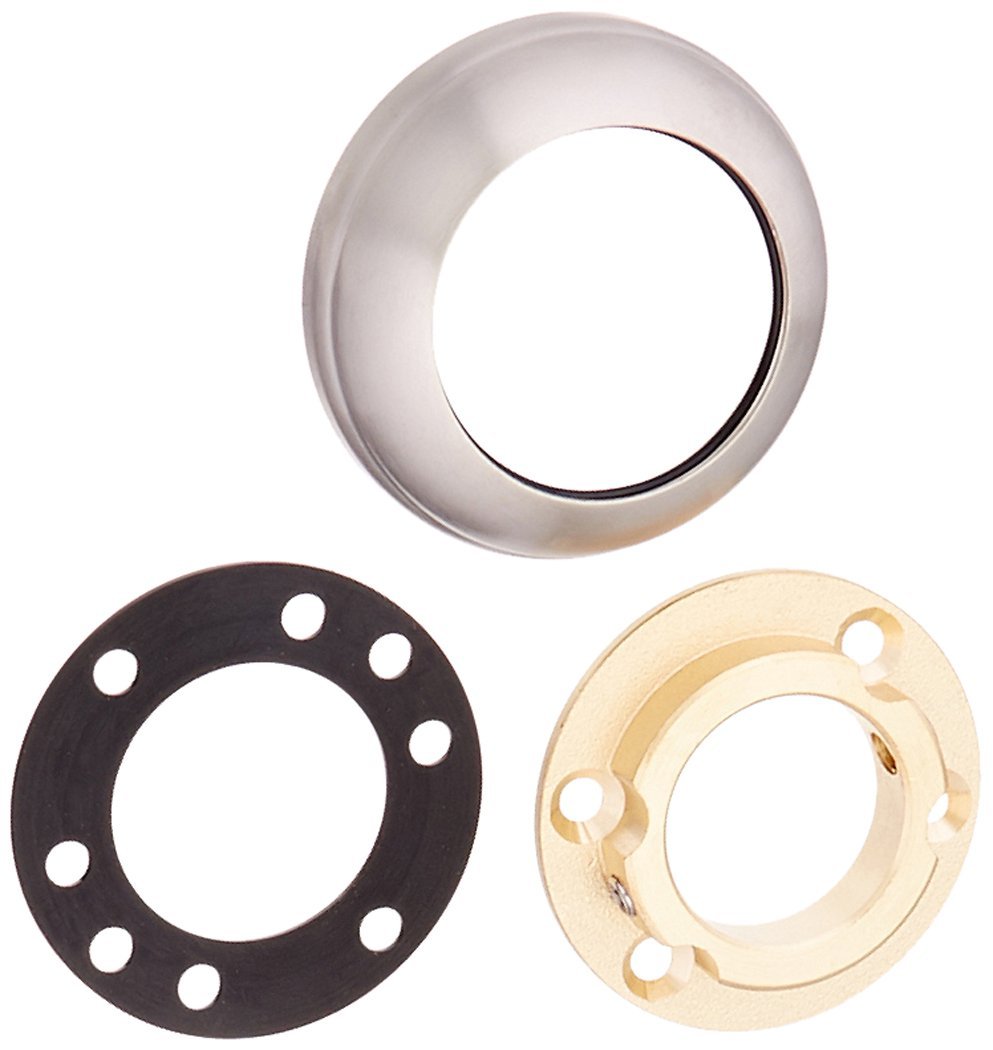 Chrome wall mount assembly ring with black rubber gasket and ivory mounting flange with holes.