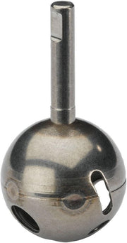Steel ball assembly with cylindrical lever handle stem and multiple inlet ports on spherical body.