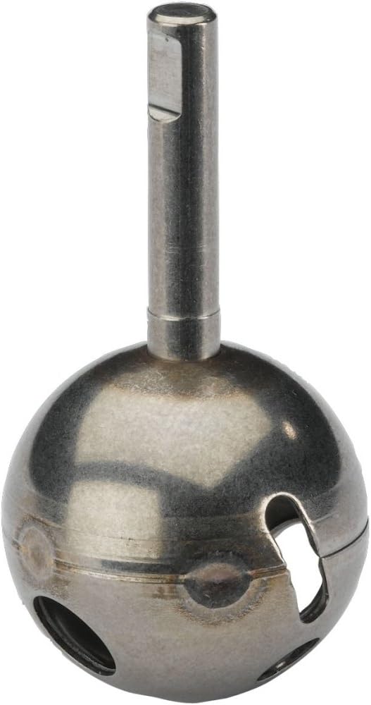 Steel ball assembly with cylindrical lever handle stem and multiple inlet ports on spherical body.
