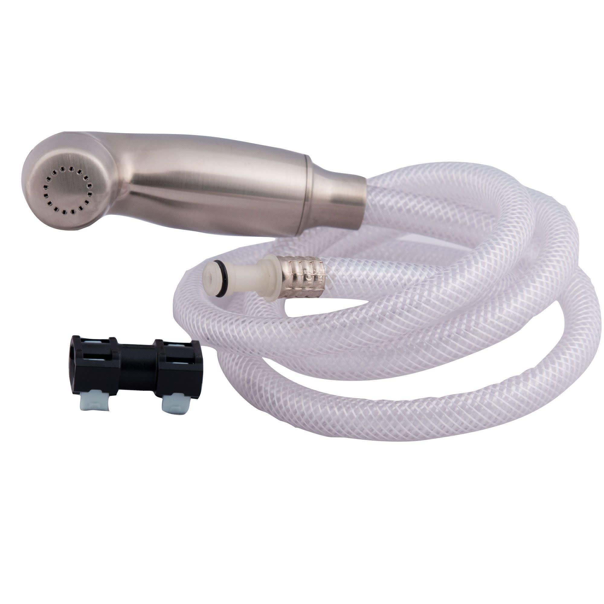 Stainless steel spray head with clear vinyl hose, connector, and black coupling assembly.