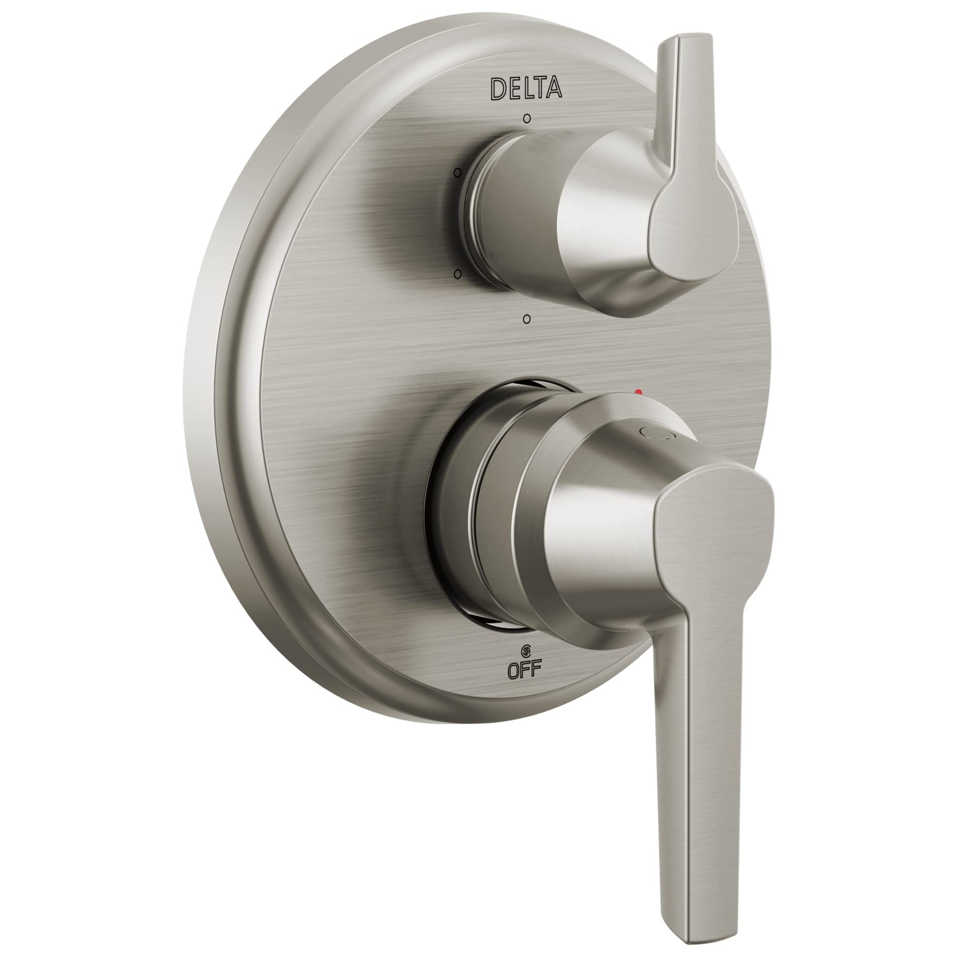 Brushed nickel Delta Galeon 14S shower valve trim with dual lever handles and integrated diverter control.