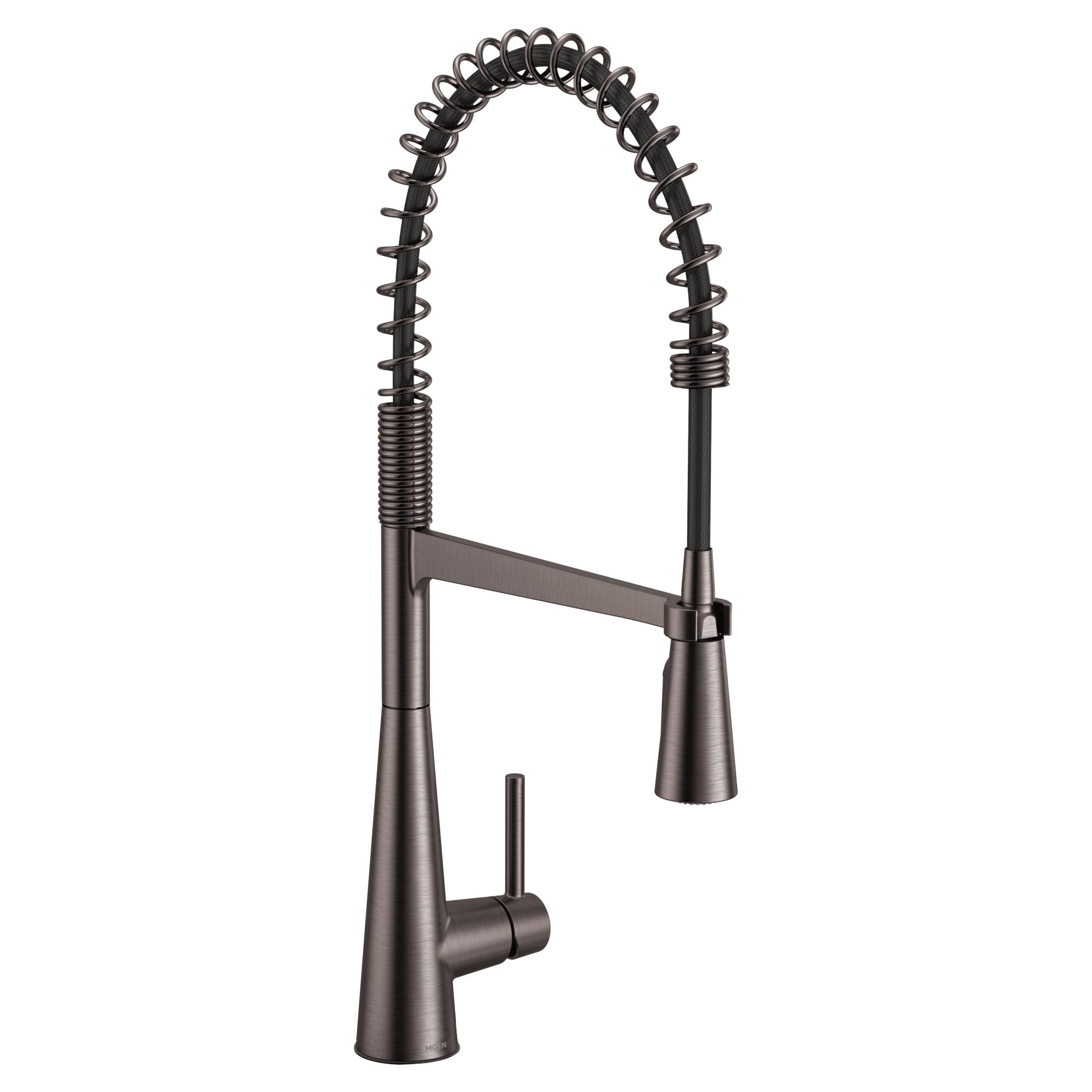 Black stainless steel kitchen faucet with high arc spout, coiled spring hose, and pull-down sprayer head.