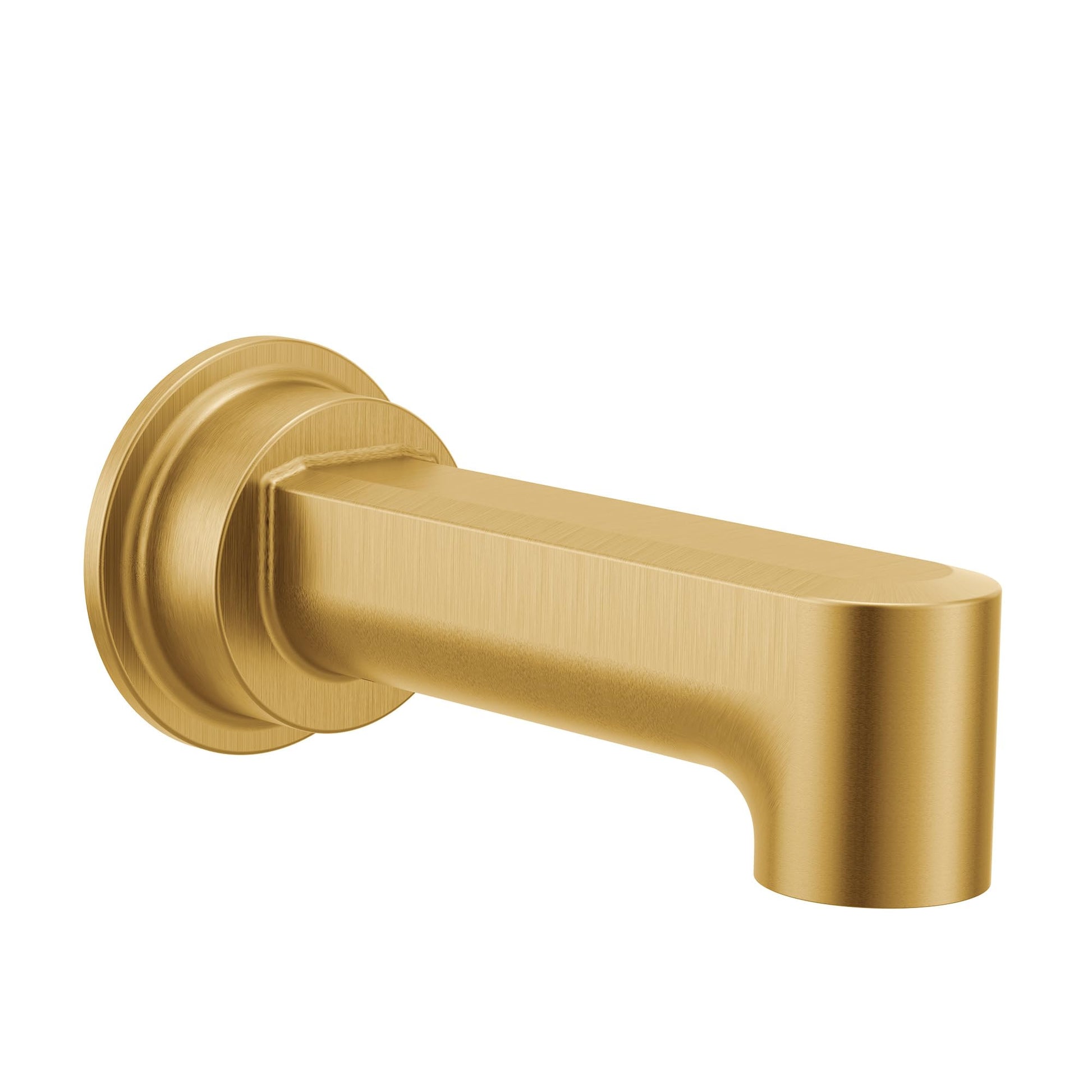 Brushed gold cylindrical tub spout with rounded mounting flange and angled water outlet.