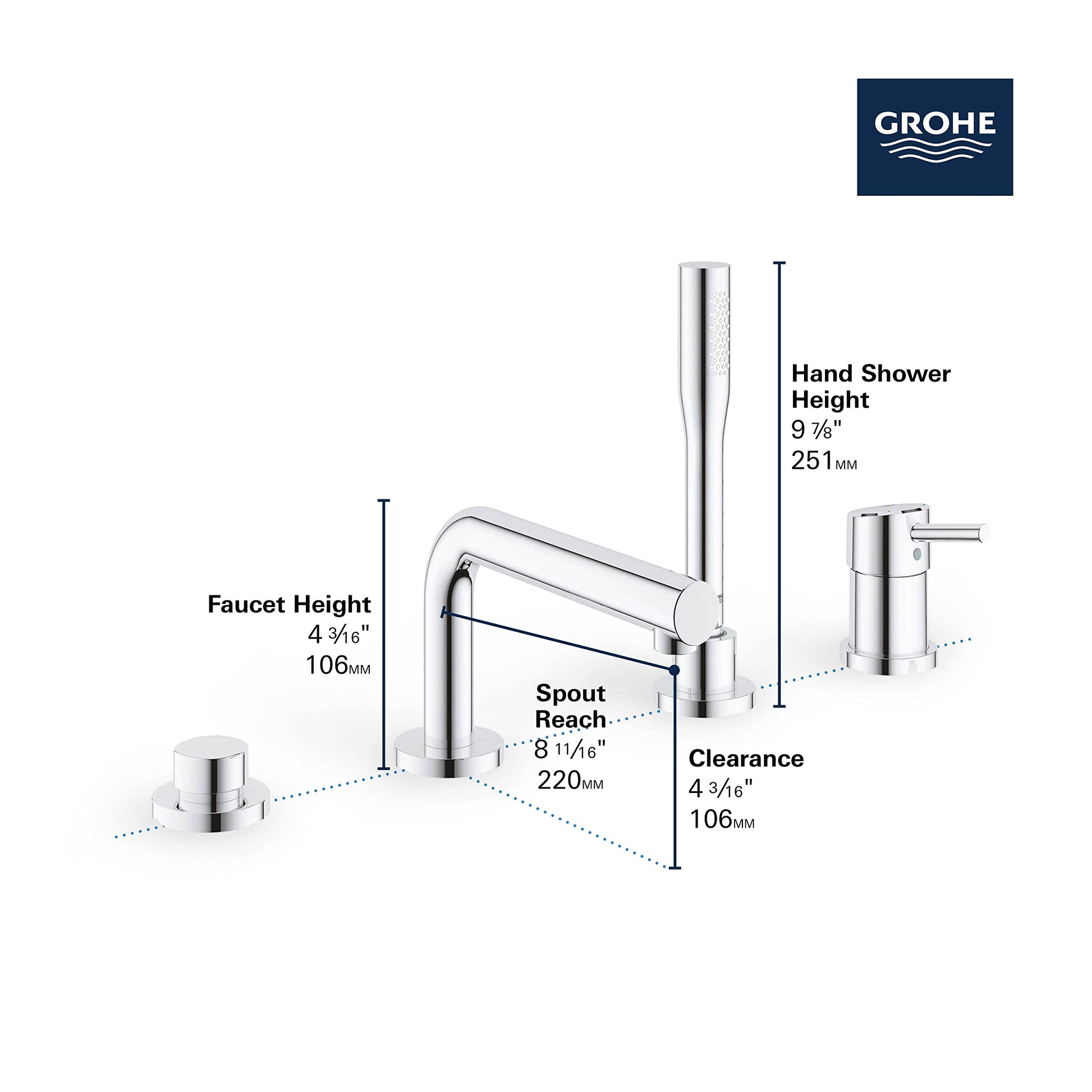 Grohe Concetto brushed chrome 4-hole roman tub faucet with single handle, curved spout, and handheld shower head with dimensi