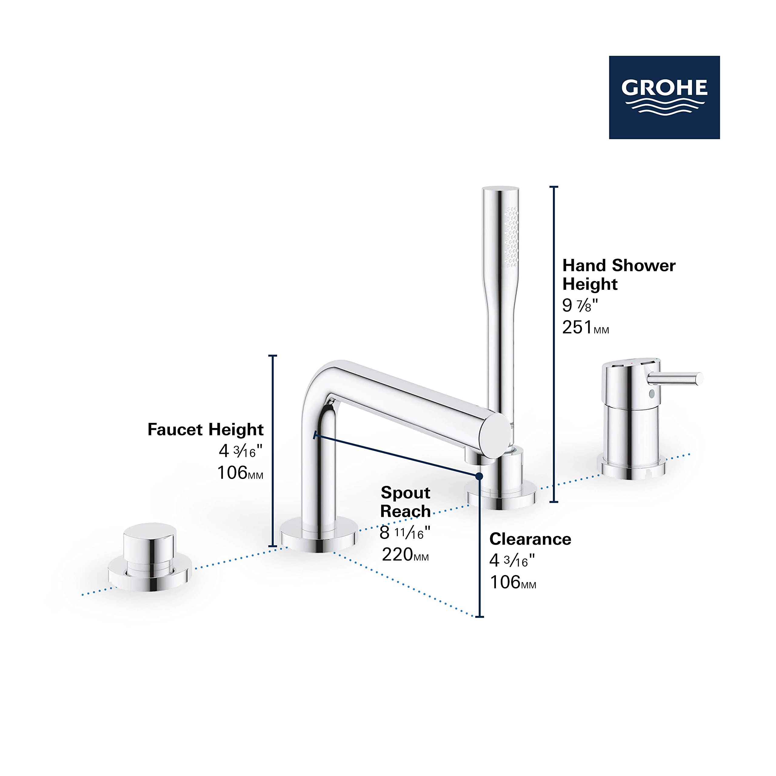 Grohe Concetto brushed chrome 4-hole roman tub faucet with single handle, curved spout, and handheld shower head with dimensi