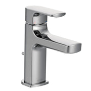Chrome single-handle bathroom faucet with curved spout and lever control, featuring modern angular design.