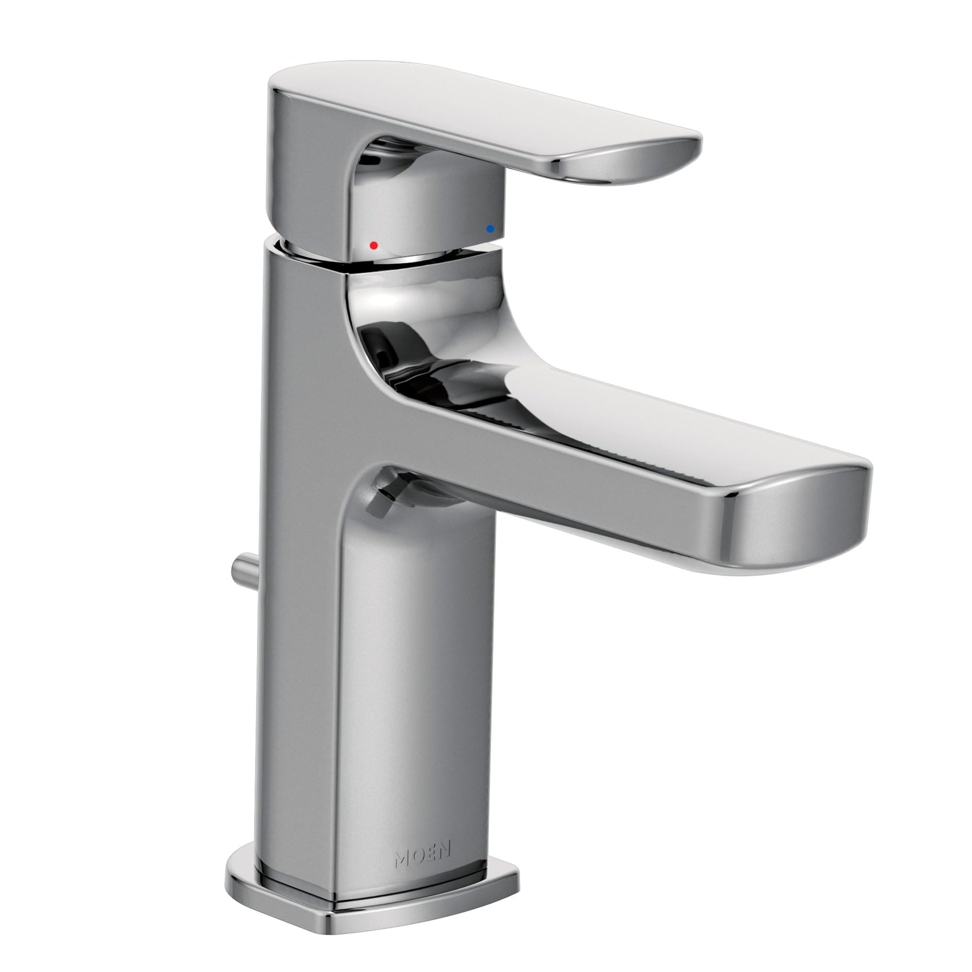 Chrome single-handle bathroom faucet with curved spout and lever control, featuring modern angular design.