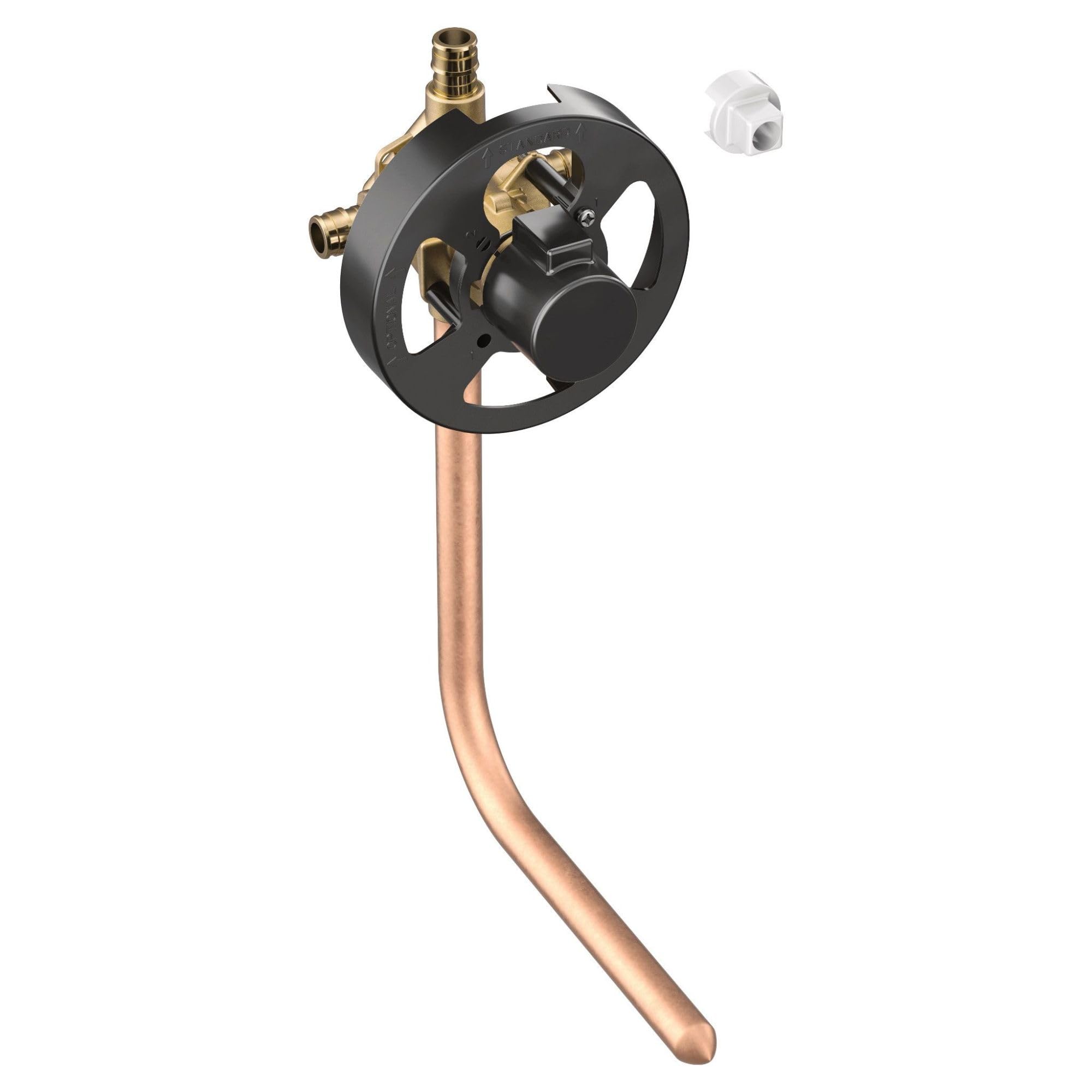 Moen pressure balancing valve with black handle wheel, brass ports, copper supply line, and white connector.