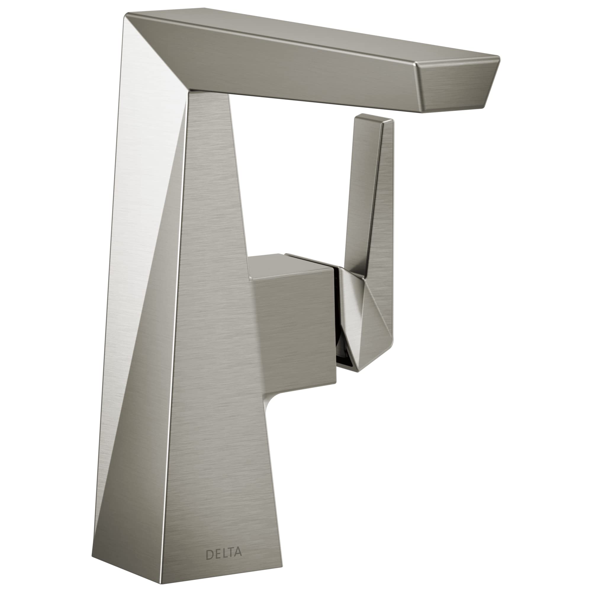 Brushed nickel single-handle bathroom faucet with angular geometric design and rectangular spout.