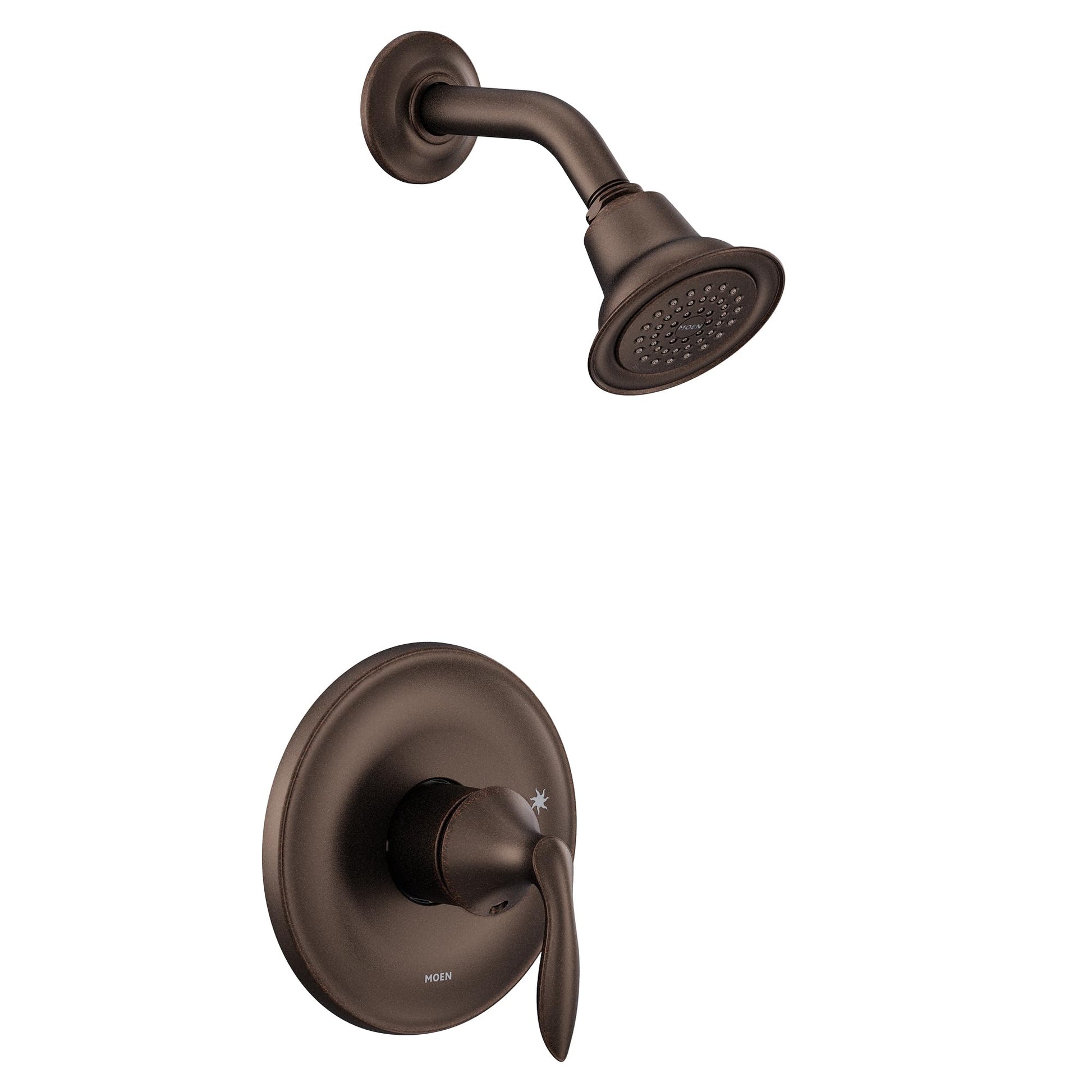 Oil rubbed bronze shower trim kit with single handle lever, round wall plate, curved arm, and perforated showerhead.