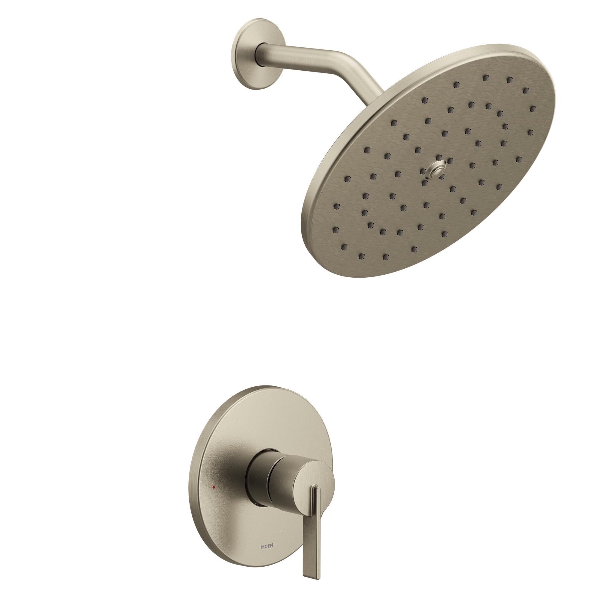 Brushed nickel shower trim with single lever handle, round showerhead, and curved arm mount.