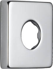 Chrome-finished square shower flange with rounded corners and oval center opening.
