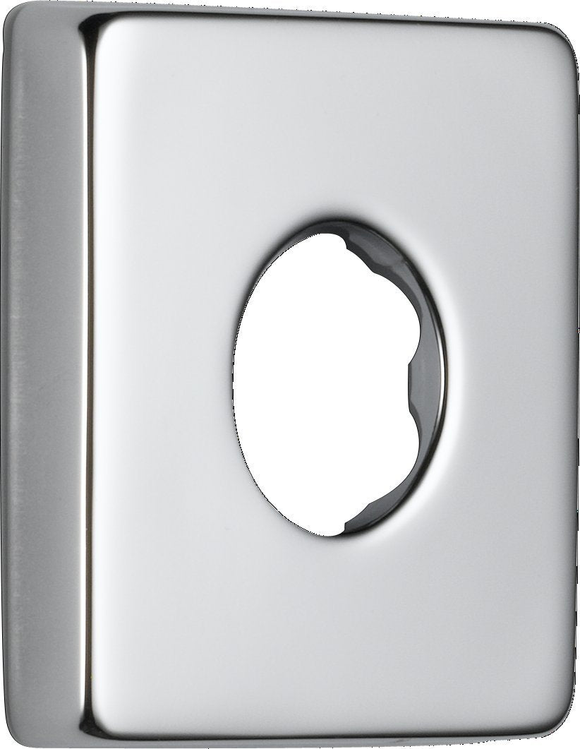 Chrome-finished square shower flange with rounded corners and oval center opening.