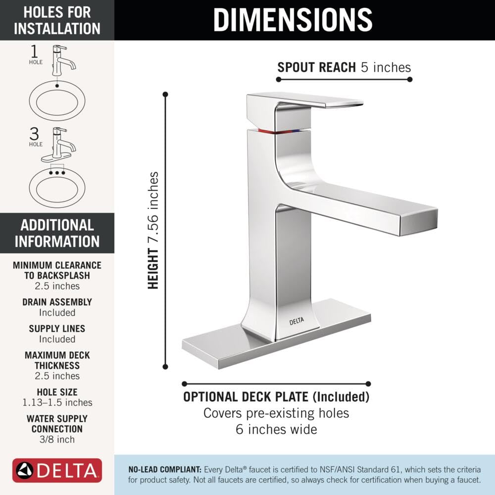 Chrome single-handle bathroom faucet with curved spout, 5.56 inches tall, 5 inches spout reach.