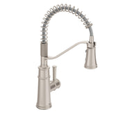 Stainless steel kitchen faucet with coiled spring spout, single handle, and pull-down spray head.