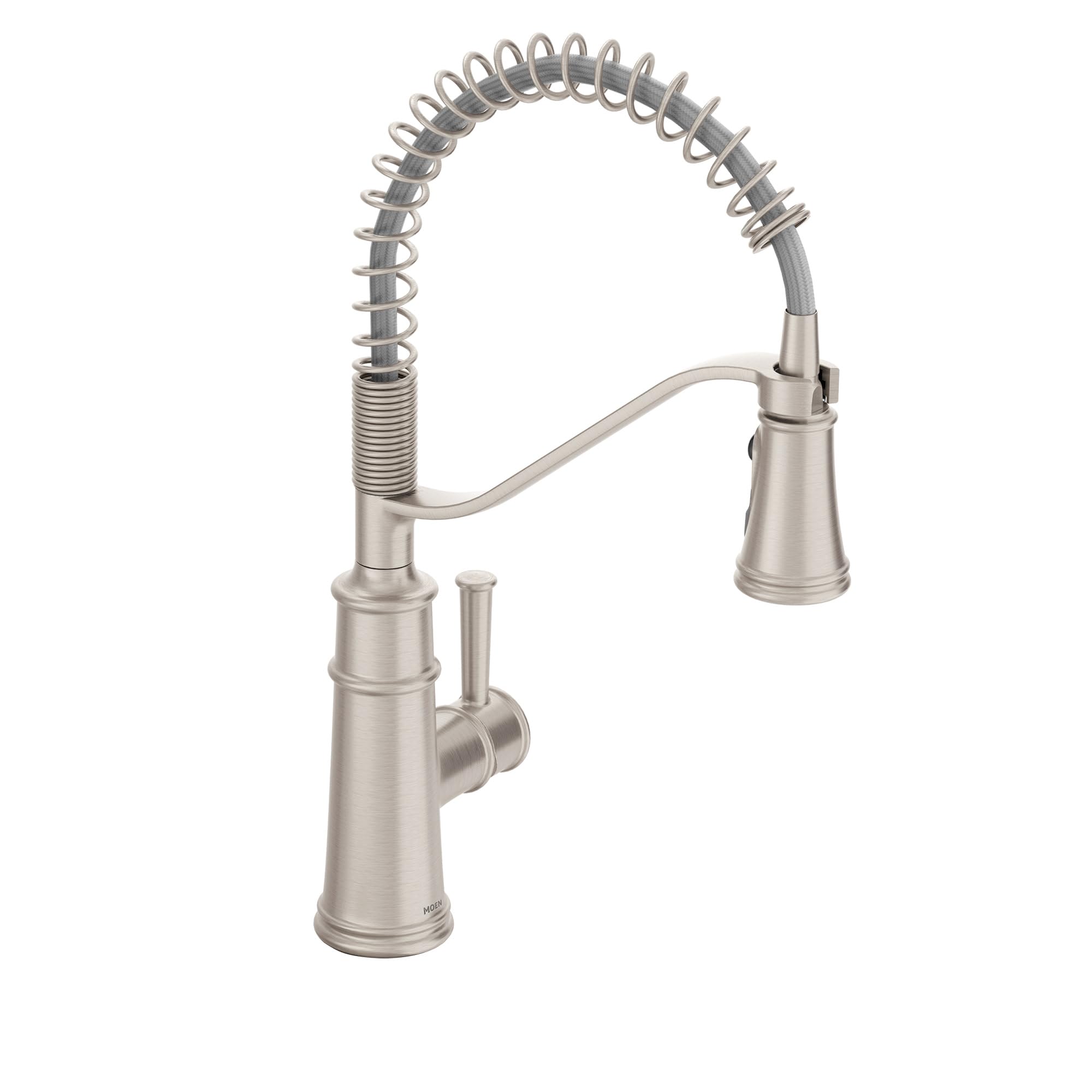 Stainless steel kitchen faucet with coiled spring spout, single handle, and pull-down spray head.