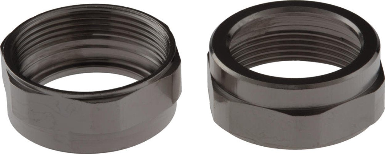 Two chrome bonnet nuts with threaded interiors and ribbed edges, shown from front view.
