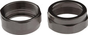 Two chrome bonnet nuts with threaded interiors and ribbed edges, shown from front view.