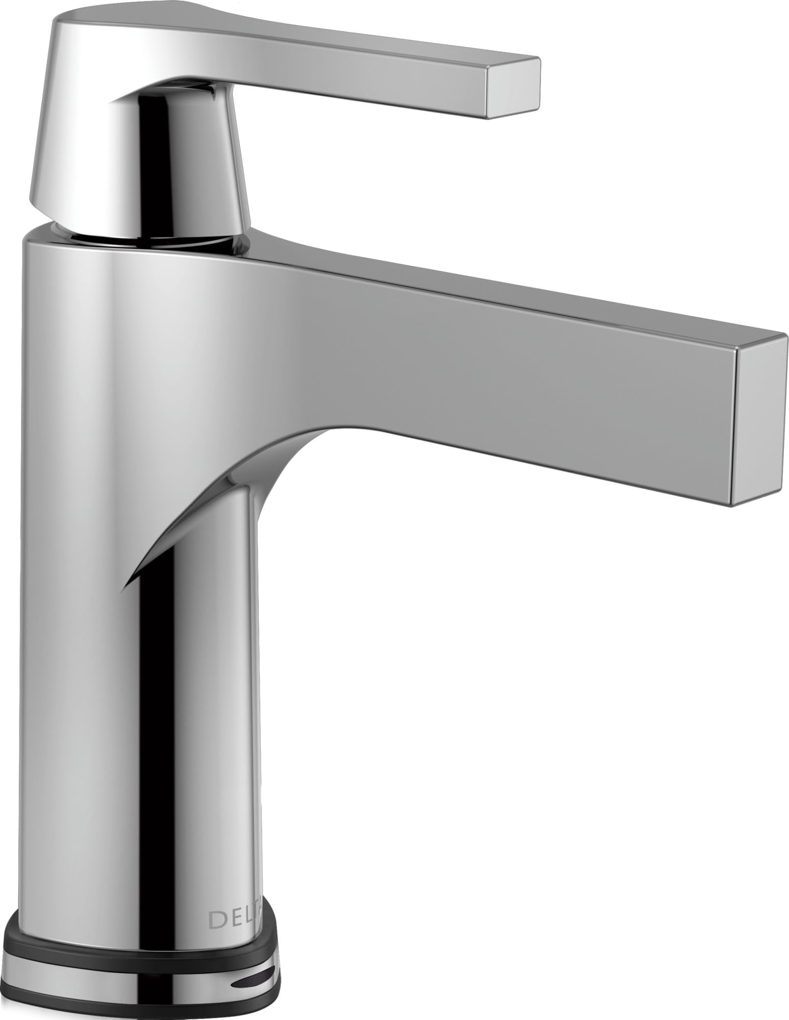 Chrome single-handle bathroom faucet with cylindrical body, extended rectangular spout, and black accent band at base.