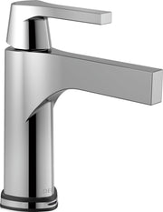 Chrome single-handle bathroom faucet with cylindrical body, extended rectangular spout, and black accent band at base.