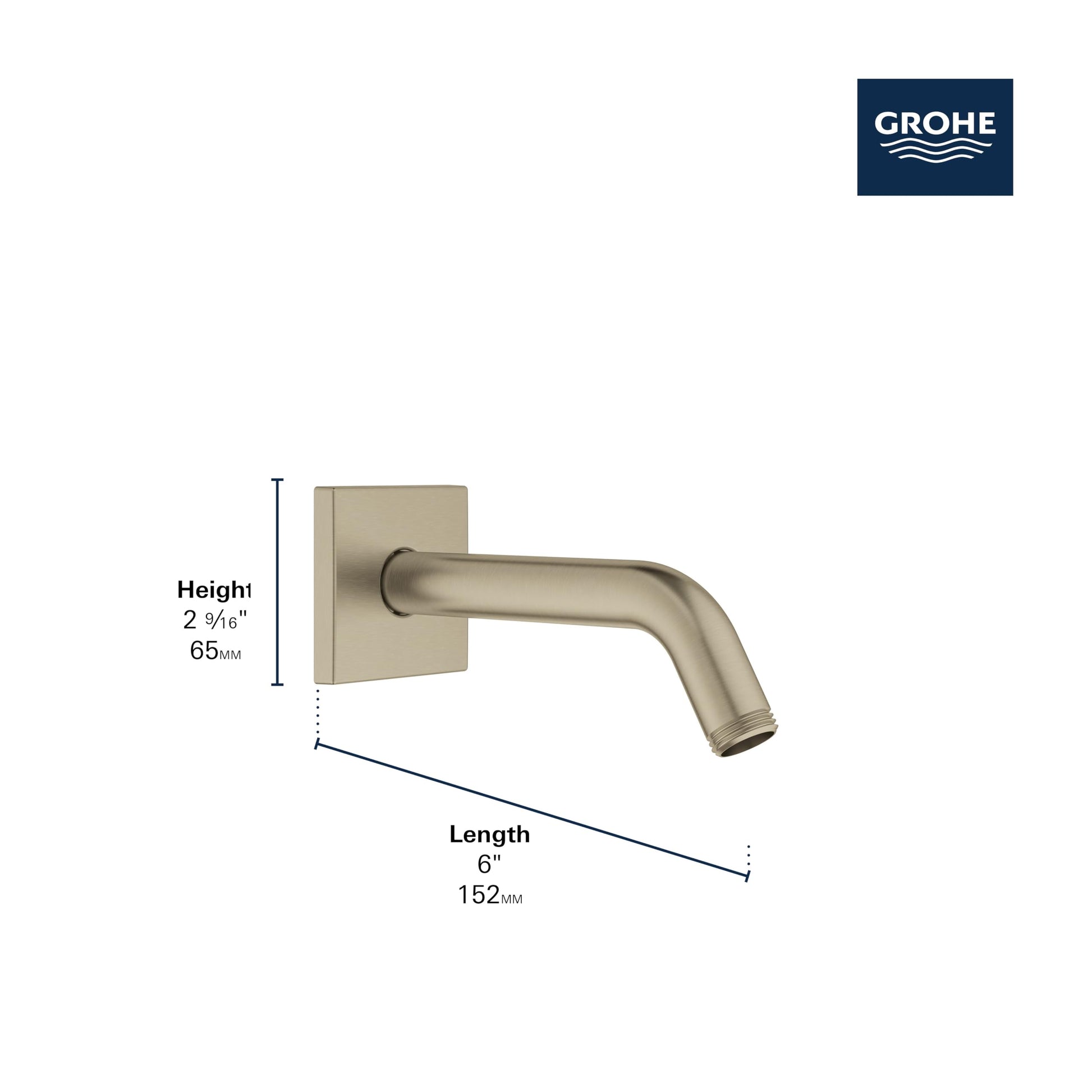 Grohe Eurocube brushed nickel wall-mounted shower arm with square escutcheon and angled spout.