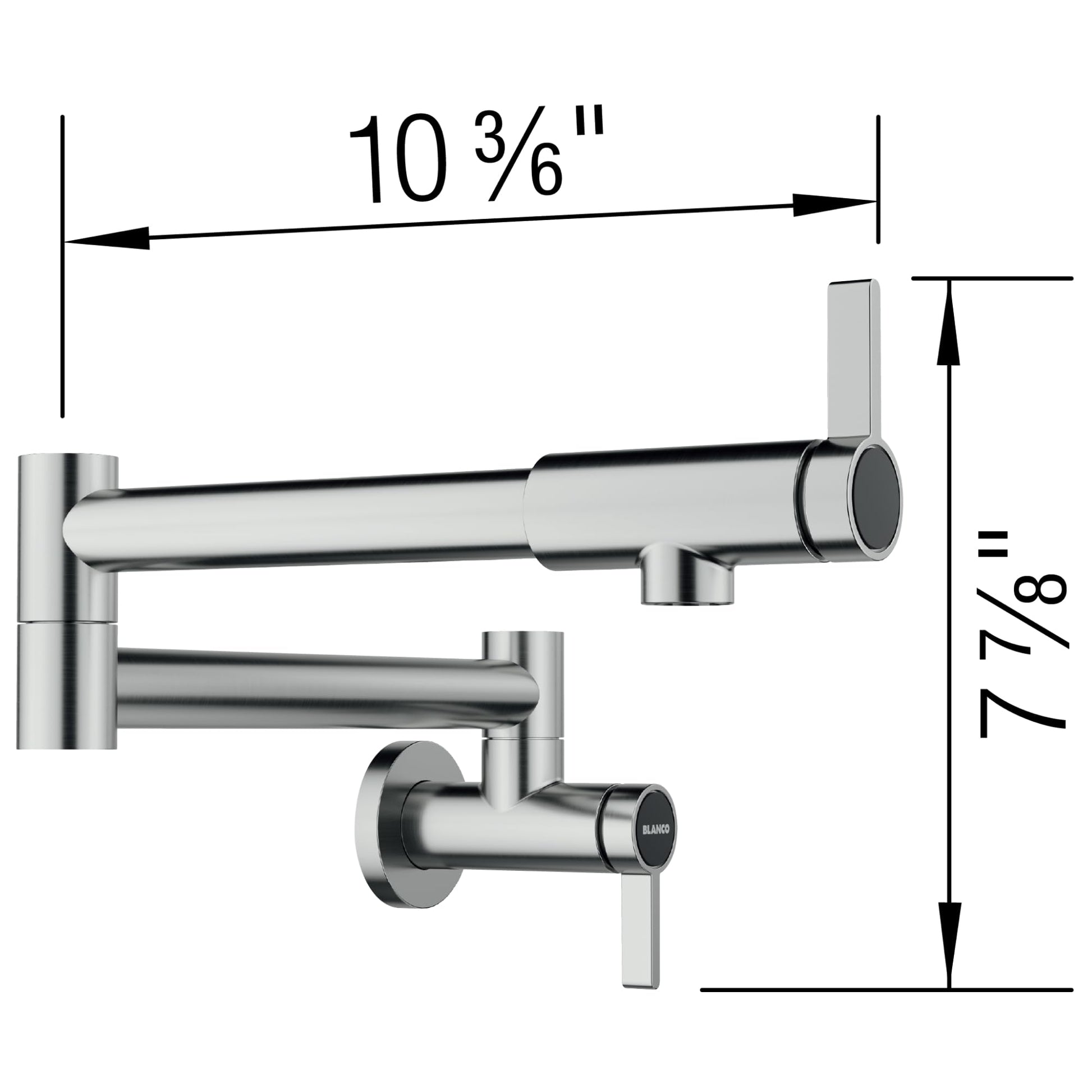 Stainless steel wall-mounted pot filler faucet with articulating arm and dual handles, shown with dimensions 10 3/8" reach an
