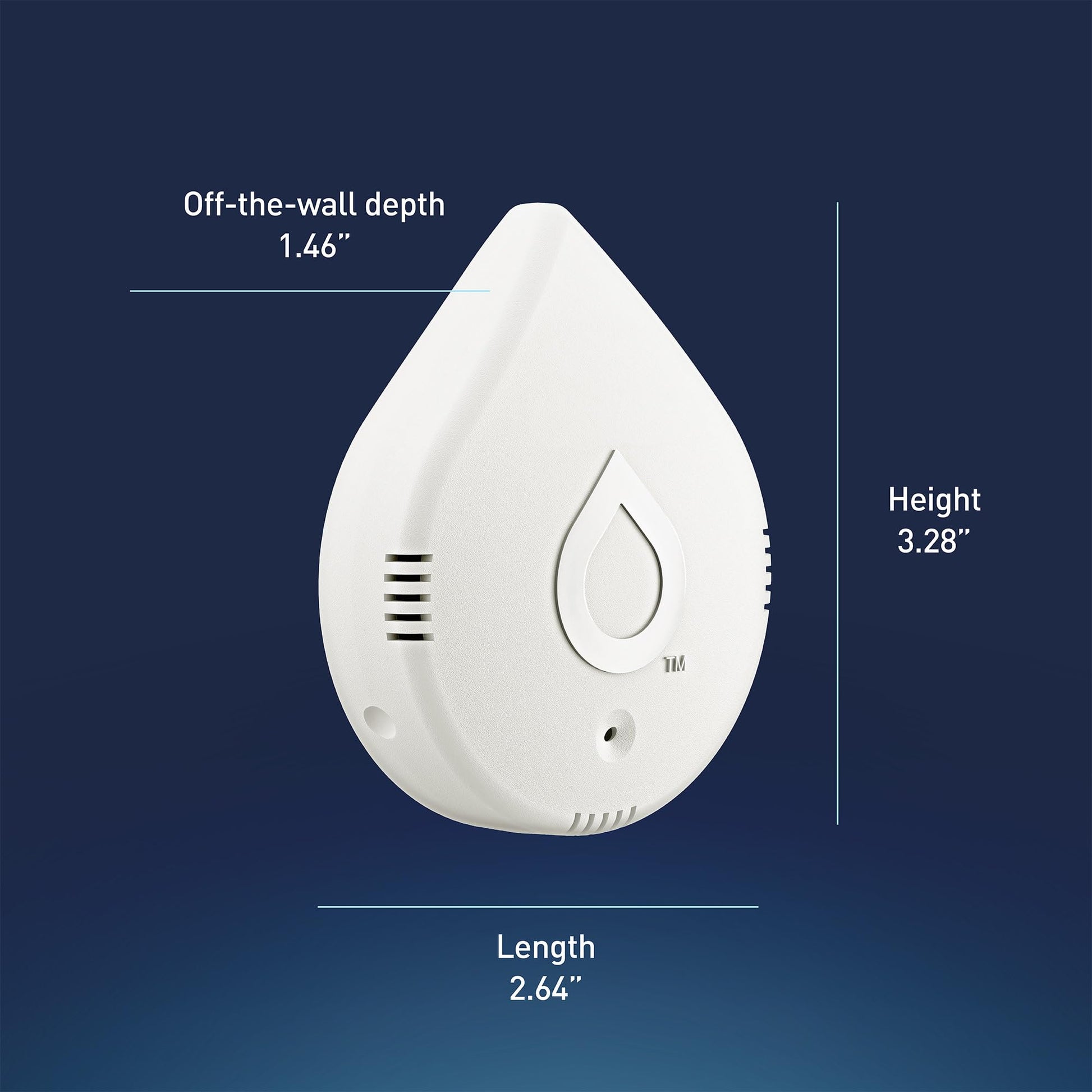 White teardrop-shaped water leak detector with sensor vents and indicator lights, showing dimensions of 3.28" height, 2.64" l