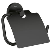Matte black toilet paper holder with curved handle and circular wall-mounted base featuring Grohe branding.