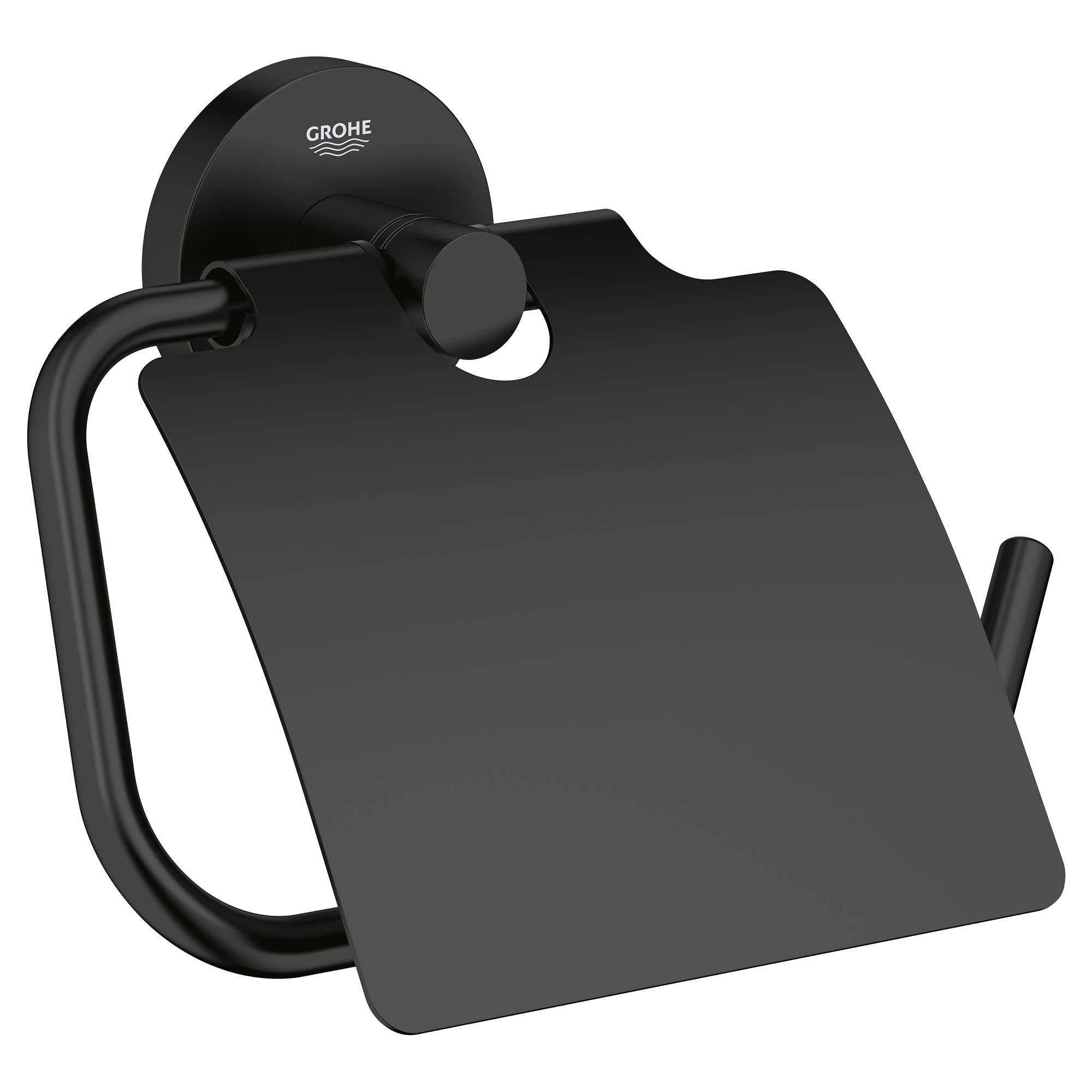 Matte black toilet paper holder with curved handle and circular wall-mounted base featuring Grohe branding.