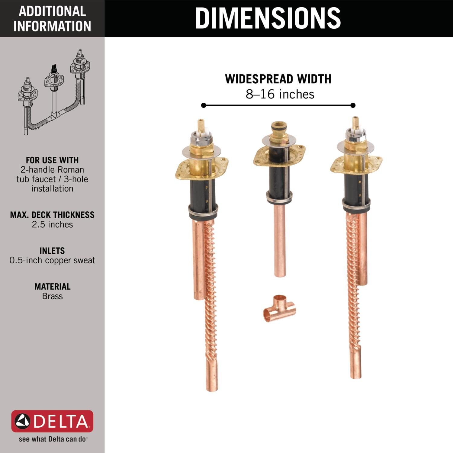 Three brass valve bodies with copper PEX inlet tubes, 8-16 inches widespread width, for two-handle Roman tub faucet installat