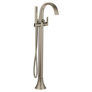 Brushed nickel freestanding tub filler with curved spout, single handle, and detachable handshower on hose.