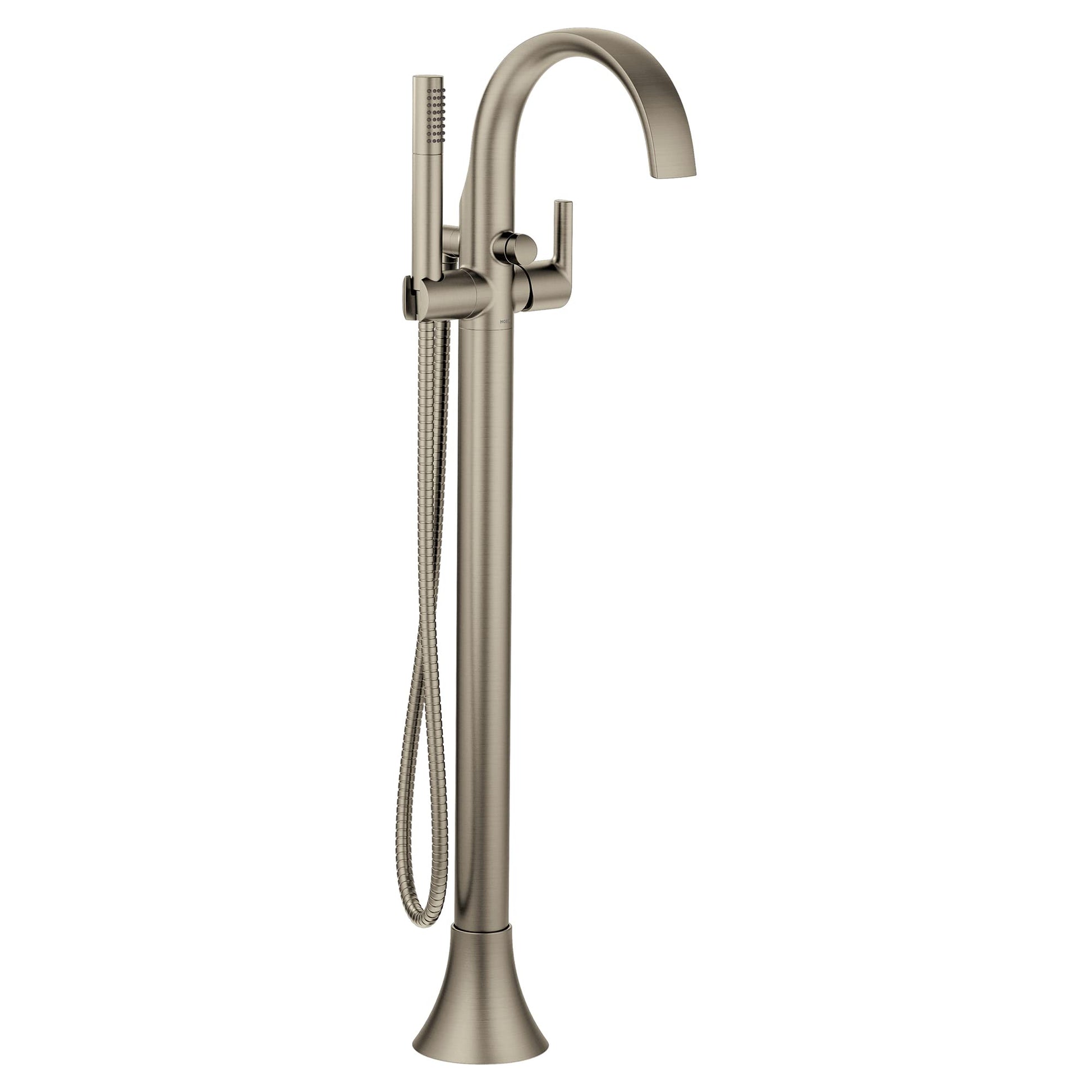 Brushed nickel freestanding tub filler with curved spout, single handle, and detachable handshower on hose.