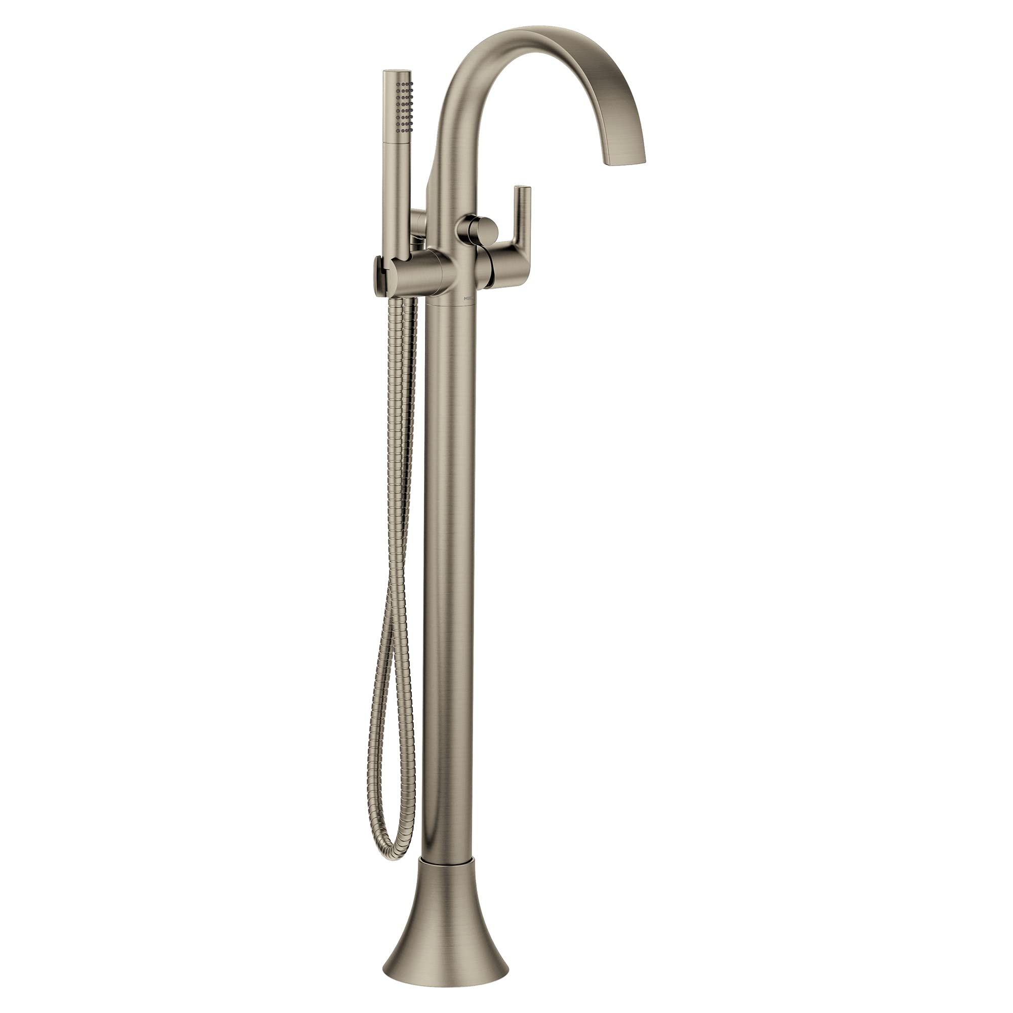 Brushed nickel freestanding tub filler with curved spout, single handle, and detachable handshower on hose.