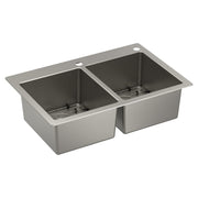 Stainless steel double bowl kitchen sink with two rectangular basins, metal bottom grids, and faucet holes on rim.