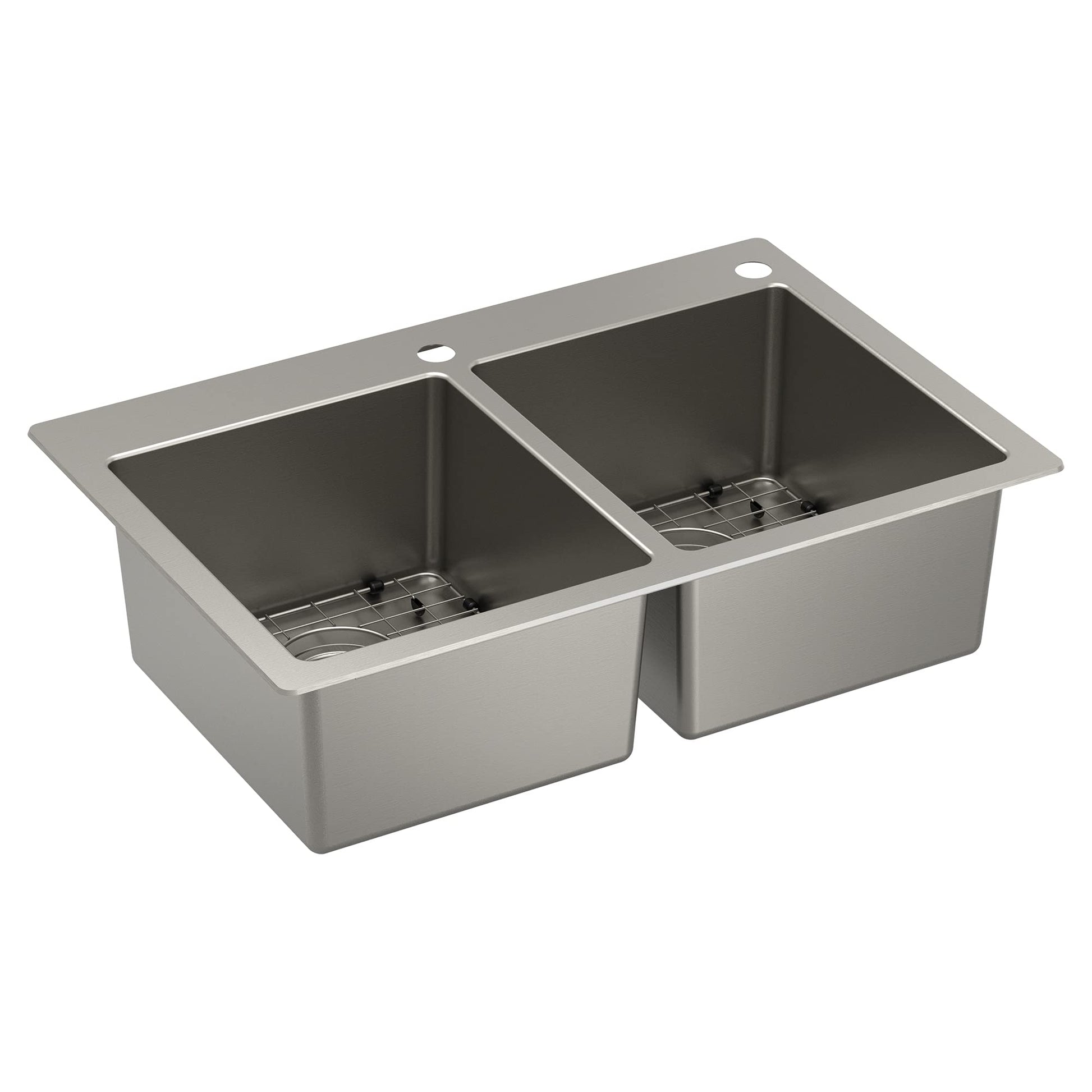 Stainless steel double bowl kitchen sink with two rectangular basins, metal bottom grids, and faucet holes on rim.